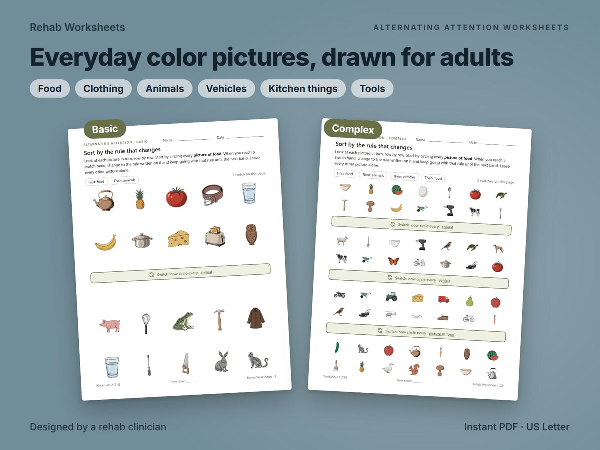 Alternating attention picture pages with everyday color pictures and switch bands, basic and complex levels