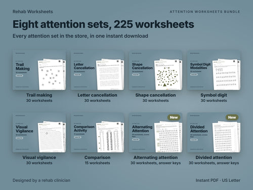 What the Attention Worksheets Bundle includes: eight sets and 225 worksheets, from trail making and letter cancellation to the new alternating and divided attention sets with answer keys
