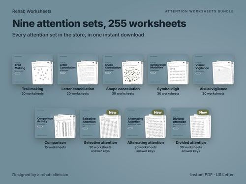 What the Attention Worksheets Bundle includes: nine sets and 255 worksheets, from trail making and letter cancellation to the new selective, alternating and divided attention sets with answer keys