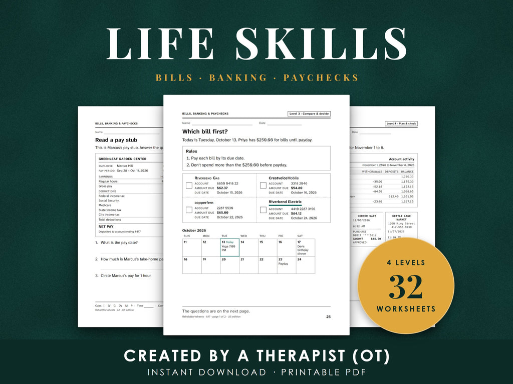 Life skills worksheets for adults: three real pages from the pack, a pay stub, a bill-paying plan with a calendar, and a bank statement with receipts