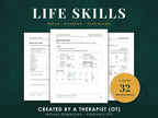 Life skills worksheets for adults: three real pages from the pack, a pay stub, a bill-paying plan with a calendar, and a bank statement with receipts