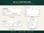 Adult paperwork used in the worksheets: an electric bill, a pay stub, a bank statement and a debit receipt