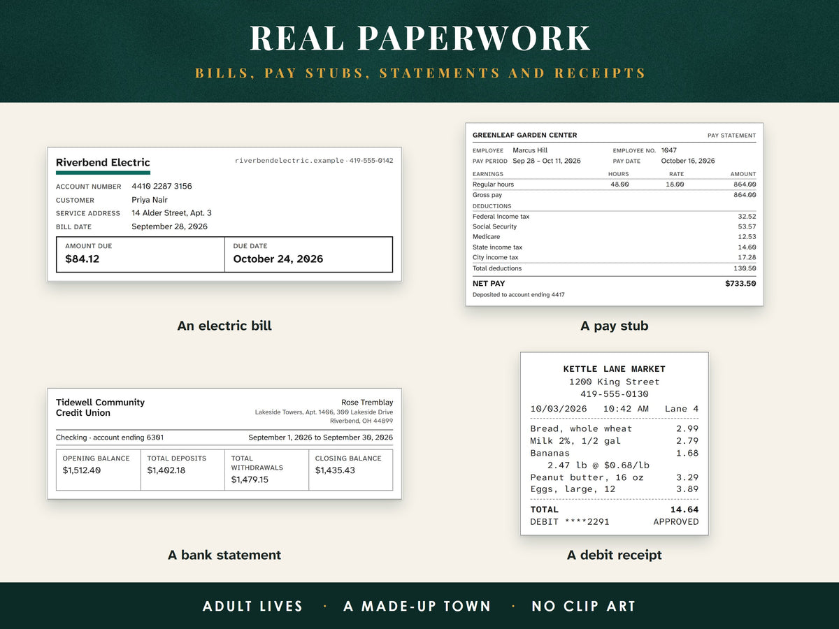 Adult paperwork used in the worksheets: an electric bill, a pay stub, a bank statement and a debit receipt