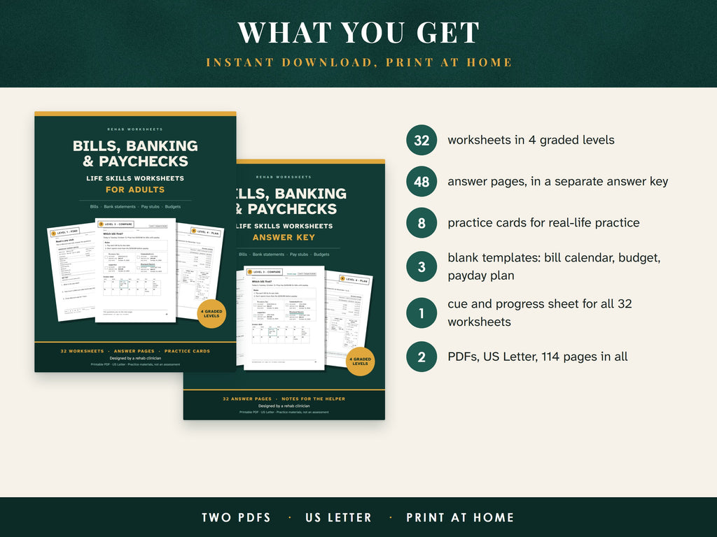 The worksheets cover and the answer key cover next to a list of what the download includes
