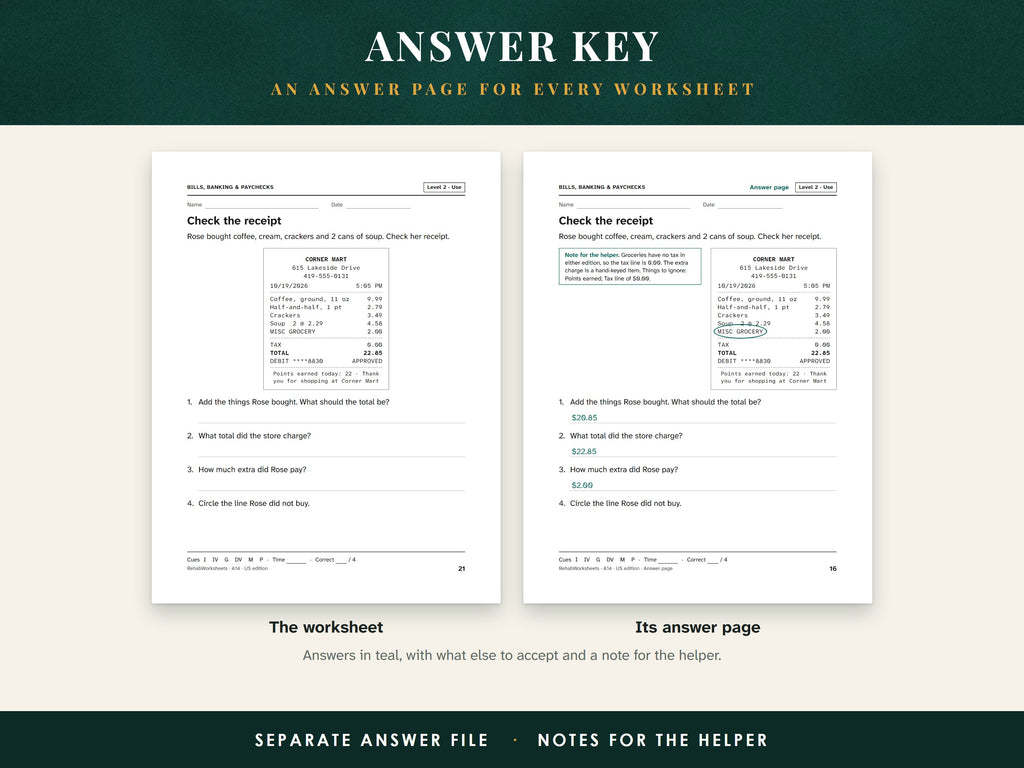 A Level 2 worksheet about checking a receipt beside its answer page with the answers filled in