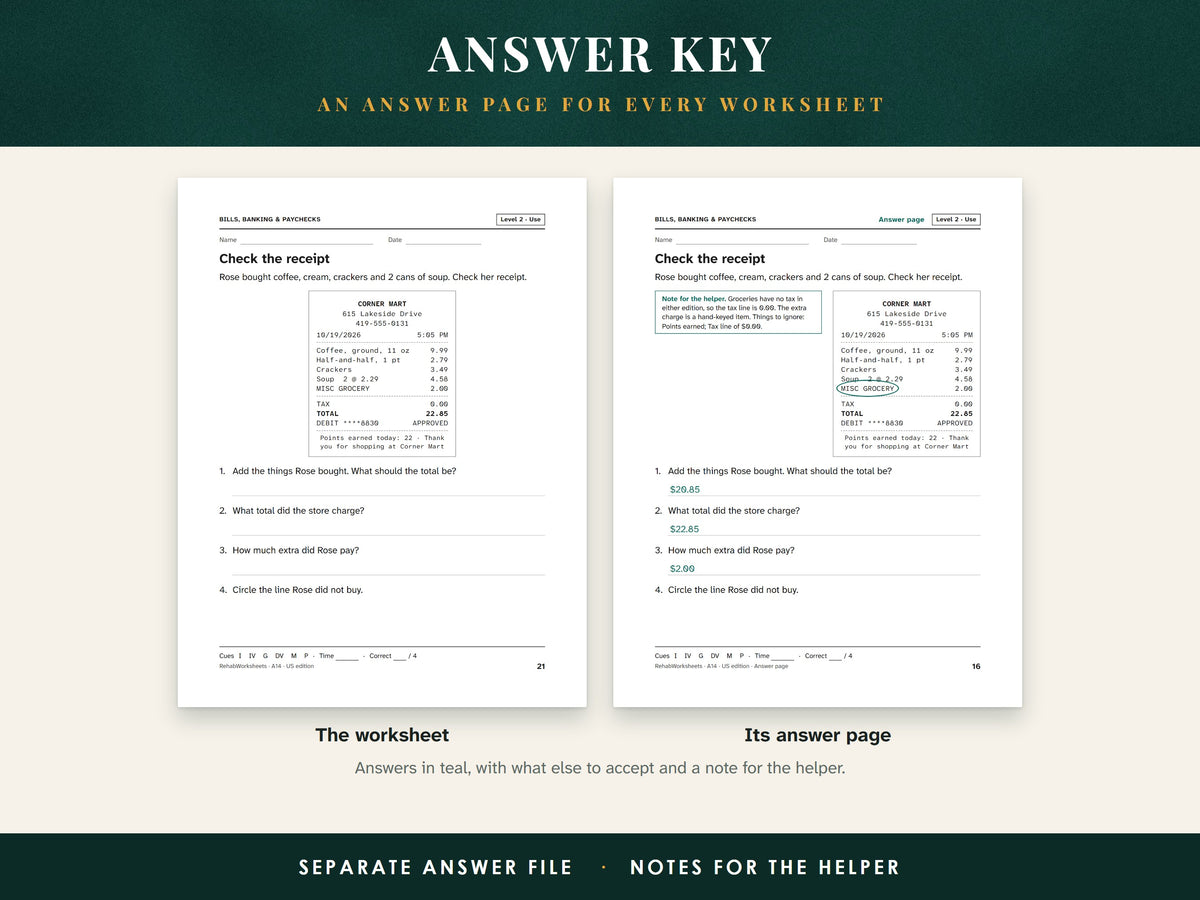A Level 2 worksheet about checking a receipt beside its answer page with the answers filled in