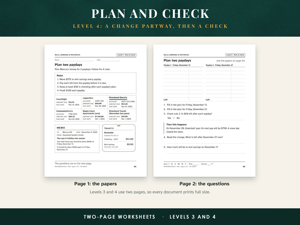 A Level 4 two-page worksheet: page 1 holds the papers, page 2 the questions, the change and the self-check