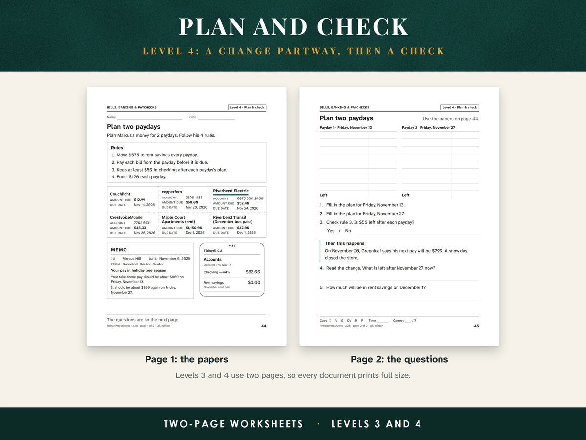 A Level 4 two-page worksheet: page 1 holds the papers, page 2 the questions, the change and the self-check