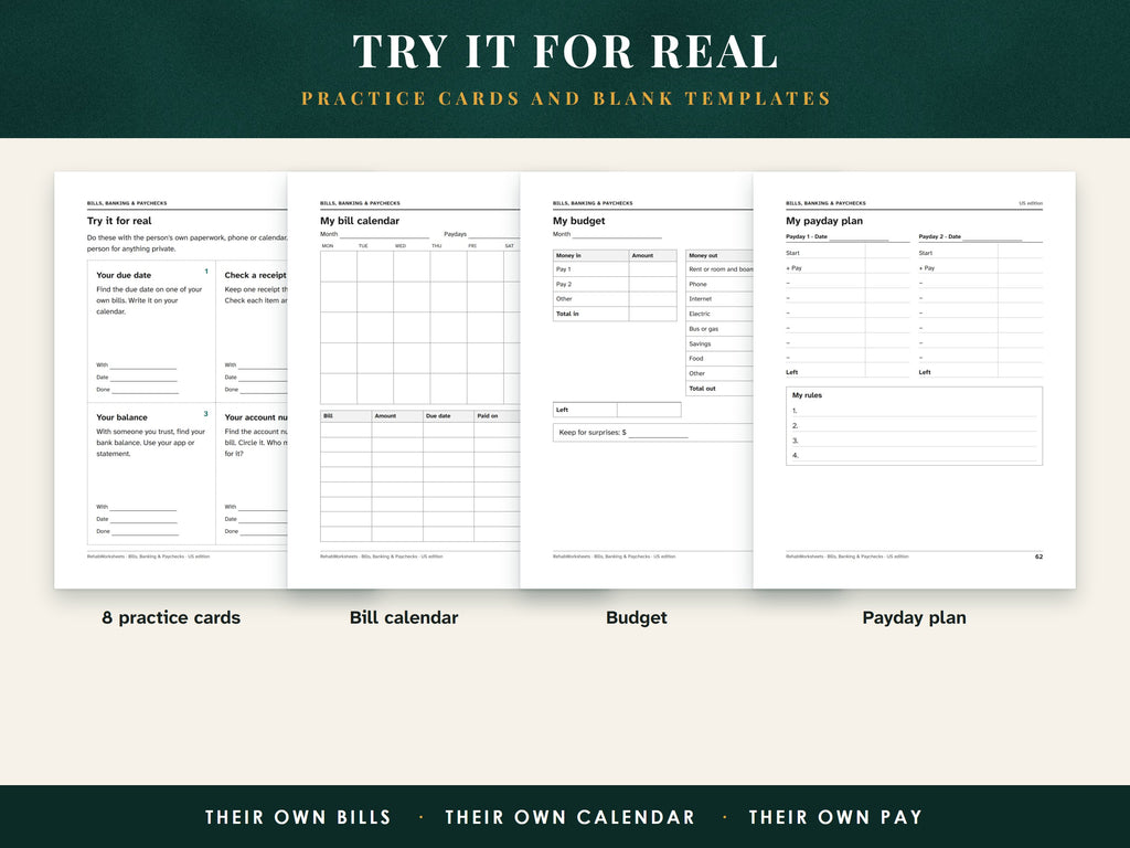 The practice cards page and three blank templates: bill calendar, budget and payday plan