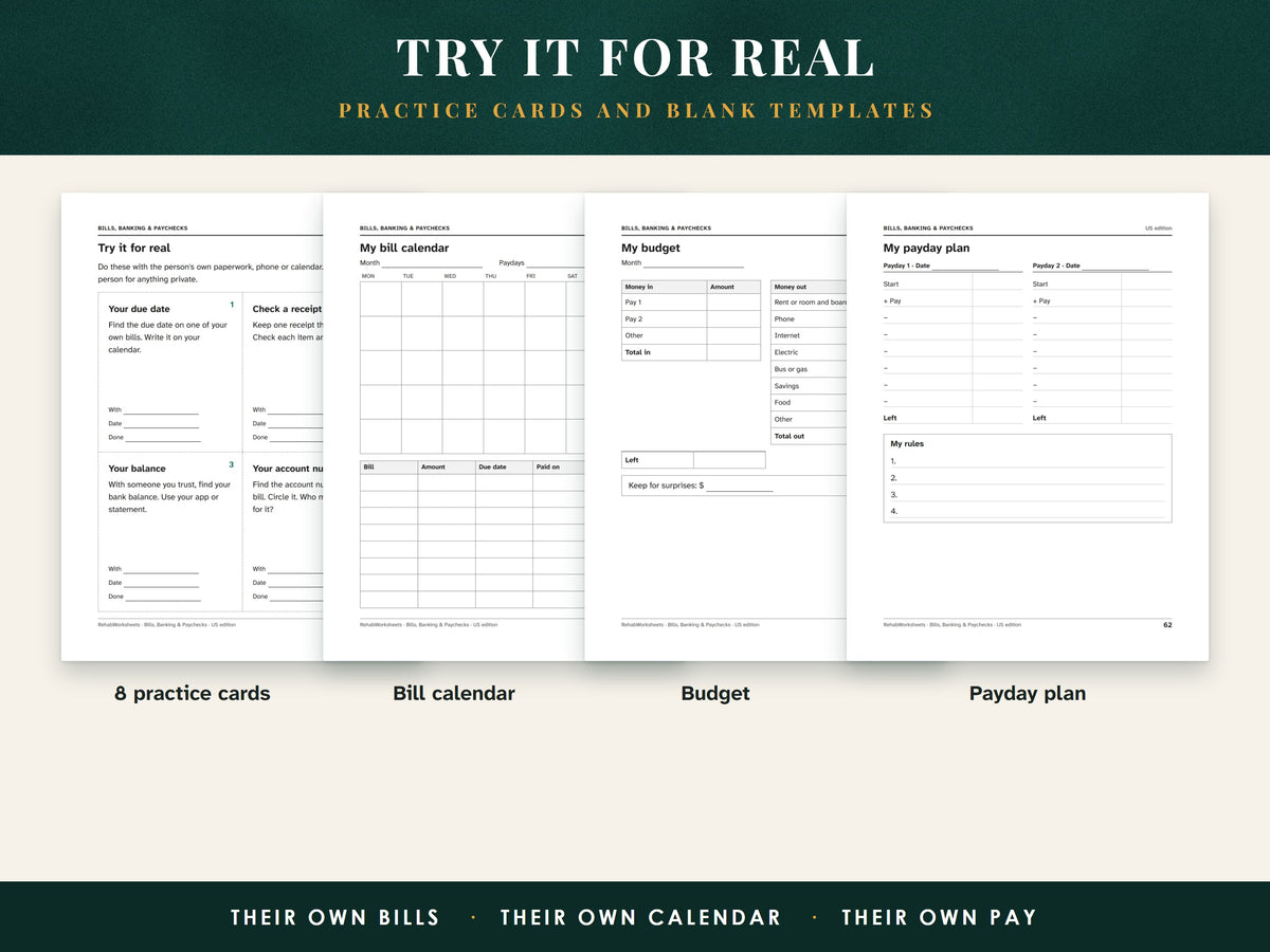 The practice cards page and three blank templates: bill calendar, budget and payday plan