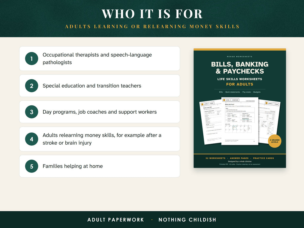 Who the life skills worksheets are for, listed next to the cover of the pack