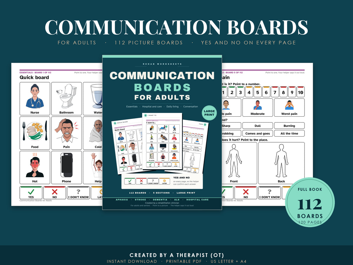 Communication Boards for Adults, the full book as a printable PDF: the cover between the Quick board and the pain board on a teal background