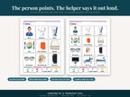 Two interior pages side by side: a simple nine-picture board and the fuller twelve-picture board for the same topic, with the four helper steps