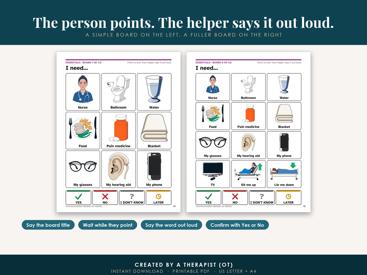 Two interior pages side by side: a simple nine-picture board and the fuller twelve-picture board for the same topic, with the four helper steps