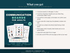 The cover of Communication Boards for Adults next to a list of what the download includes