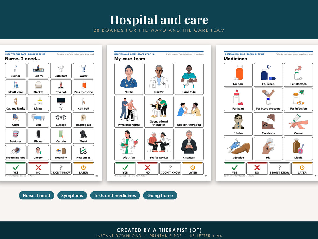 Three hospital boards: Nurse I need, My care team and Medicines