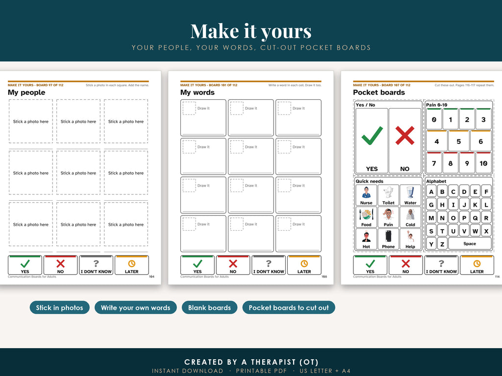 Three make-it-yours pages: a photo page, a write-in board and the cut-out pocket boards