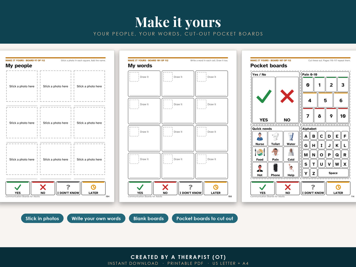 Three make-it-yours pages: a photo page, a write-in board and the cut-out pocket boards