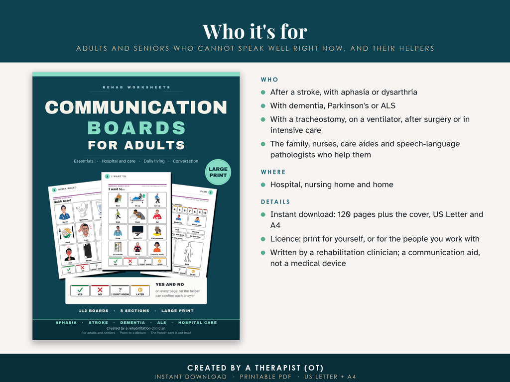 Who Communication Boards for Adults is for, listed next to its cover, with the download details