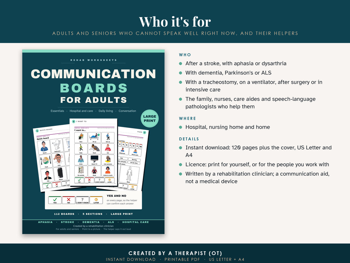 Who Communication Boards for Adults is for, listed next to its cover, with the download details