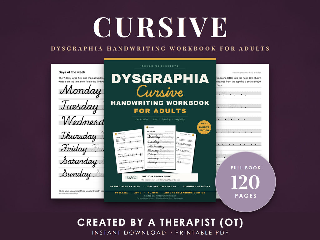 Dysgraphia Cursive Handwriting Workbook for Adults, the full 120-page book as a printable PDF: the cover between two interior pages on a plum background