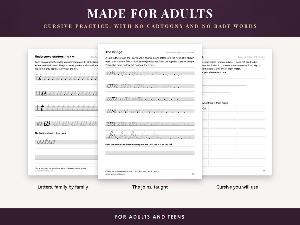 Three interior pages: a lowercase letter family, a joins page and the signature page