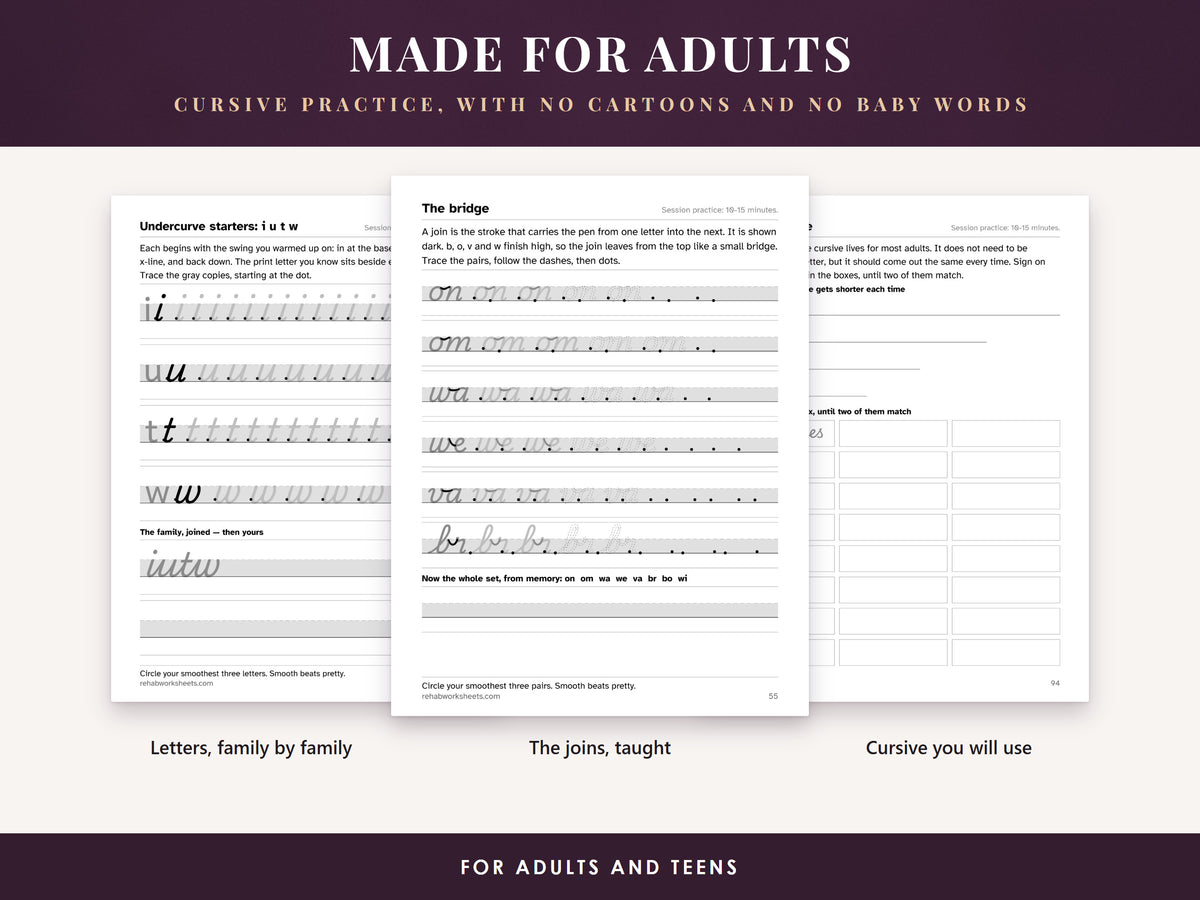 Three interior pages: a lowercase letter family, a joins page and the signature page