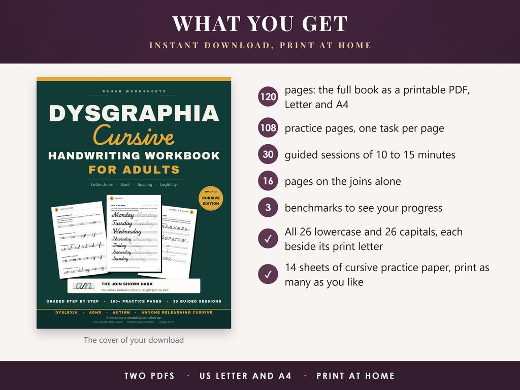 The cover of the cursive workbook next to a list of what the download includes