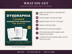 The cover of the cursive workbook next to a list of what the download includes
