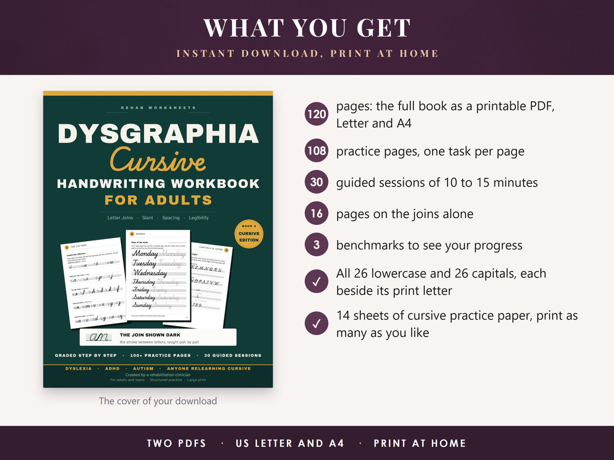 The cover of the cursive workbook next to a list of what the download includes