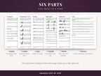 Six practice pages, one from each part: strokes, letters, joins, capitals, words and fluency