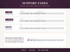 Three practice strips showing support fading from a traced model to a dashed outline to entry dots, plus a joins row shown dark