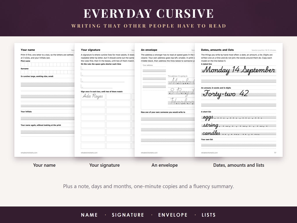 Everyday cursive pages: your name, your signature, an envelope, and dates, amounts and lists
