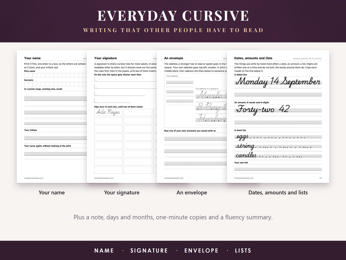 Everyday cursive pages: your name, your signature, an envelope, and dates, amounts and lists