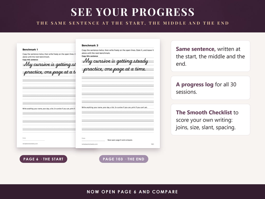 Benchmark pages from the start and the end of the book, for comparing your own cursive