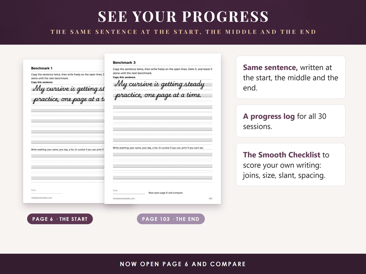 Benchmark pages from the start and the end of the book, for comparing your own cursive