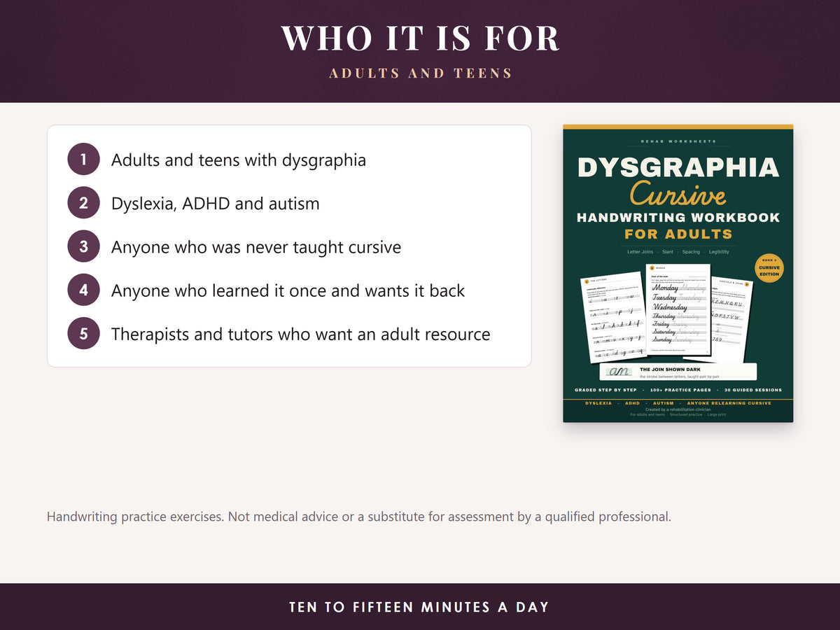 Who the cursive workbook is for, listed next to its cover