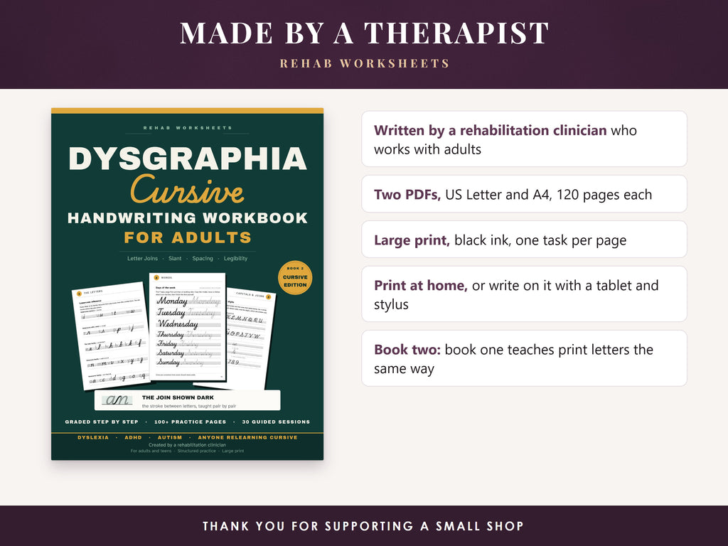 The cursive workbook cover with details of the download and who made it