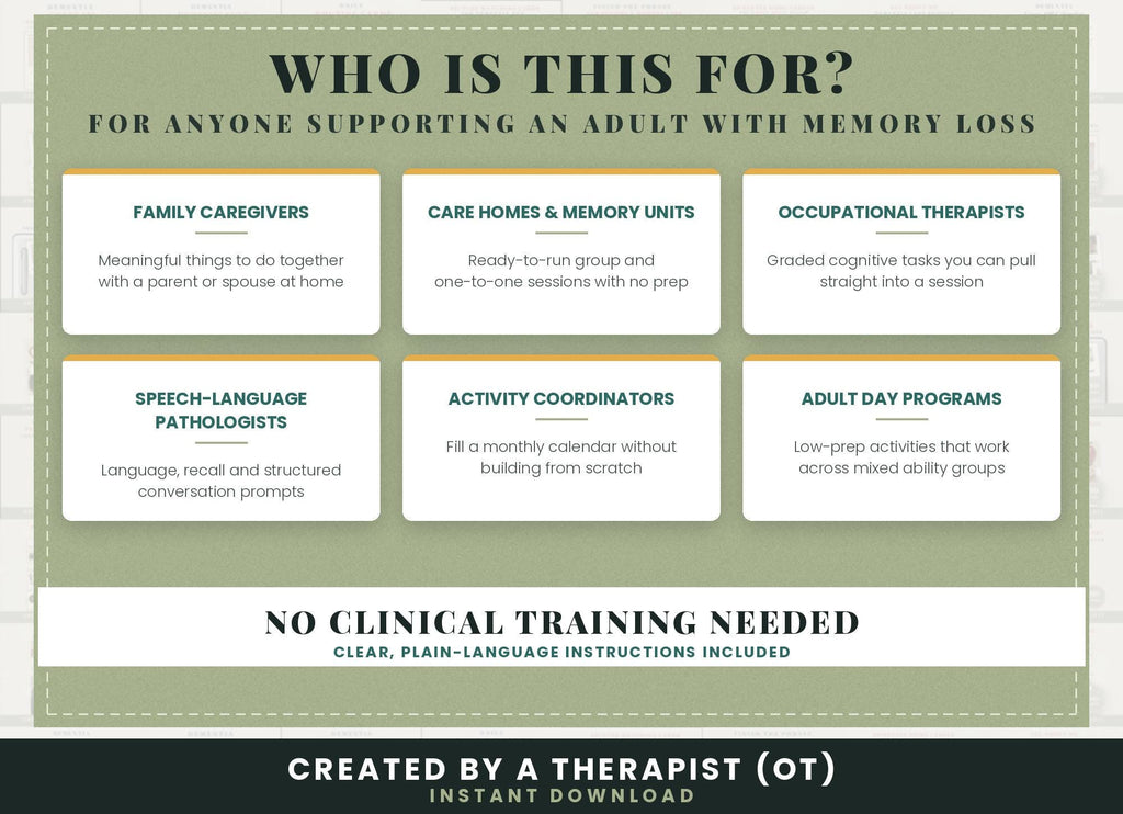 Who the bundle is for: family caregivers, care homes, occupational therapists, speech-language pathologists, activity coordinators and adult day programs