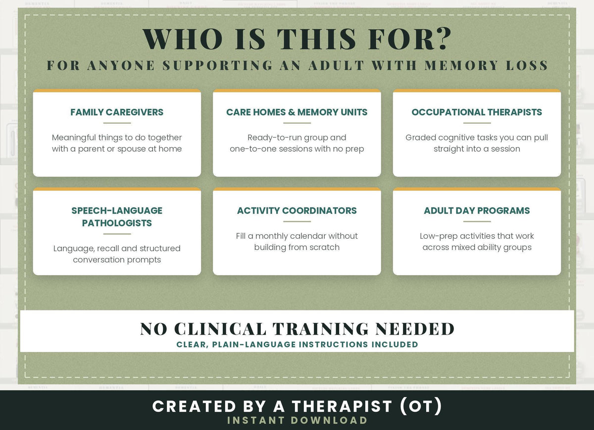 Who the bundle is for: family caregivers, care homes, occupational therapists, speech-language pathologists, activity coordinators and adult day programs
