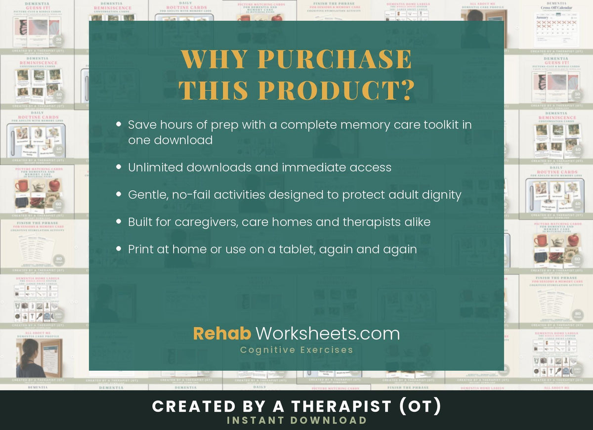 Reasons to buy: a complete memory care toolkit in one download, unlimited downloads and gentle no-fail activities