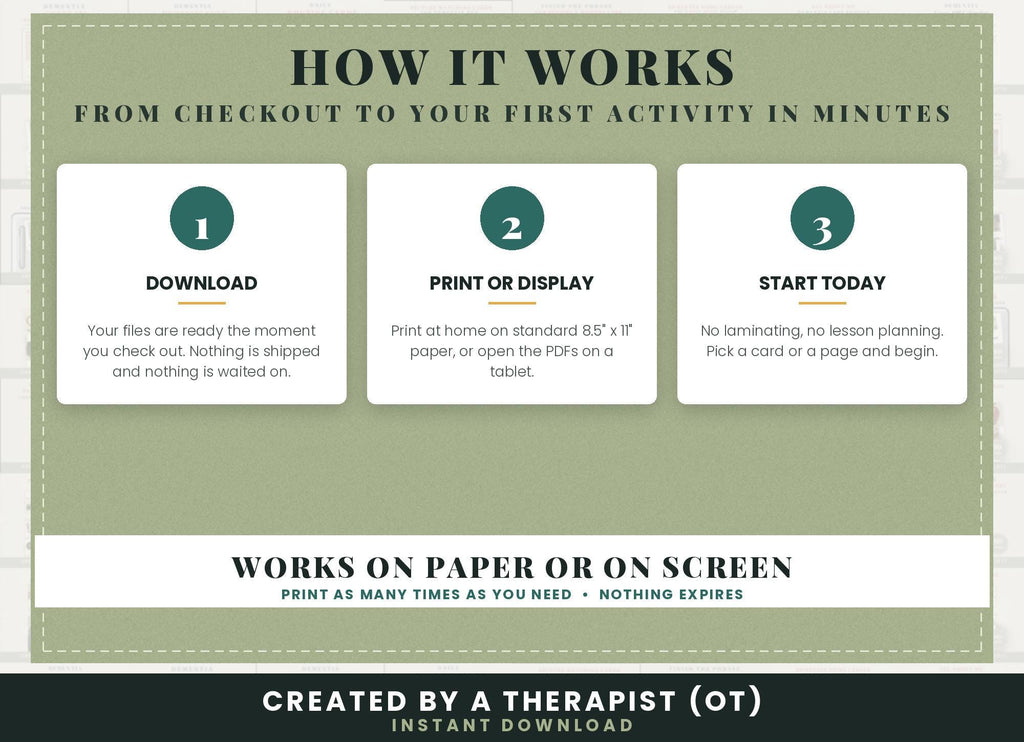 How it works in three steps: download, print or display, start today, on paper or on screen