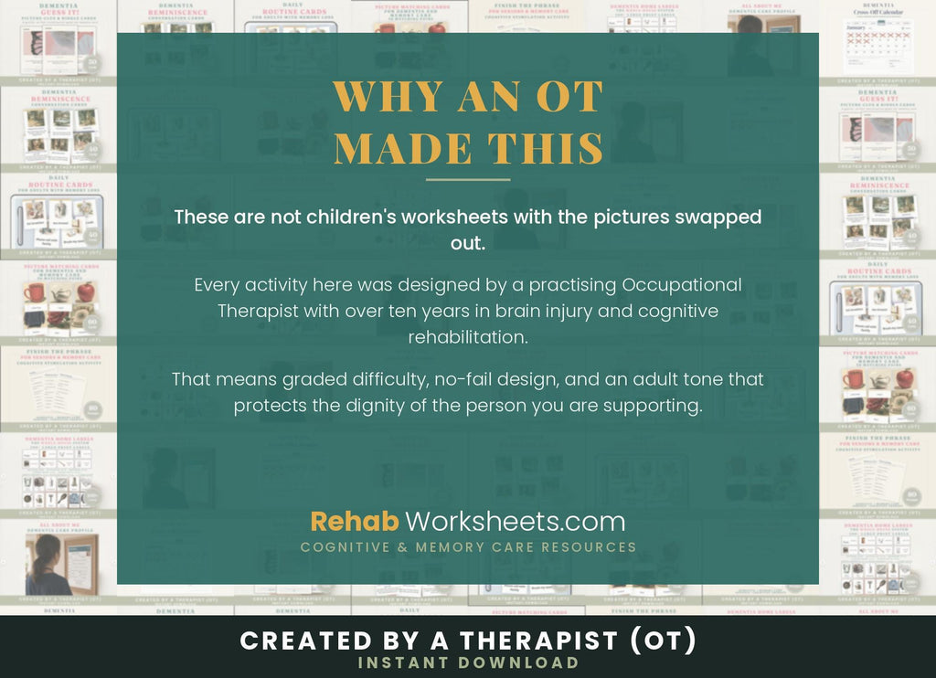 Why an occupational therapist made this: graded difficulty, no-fail design and an adult tone that protects dignity