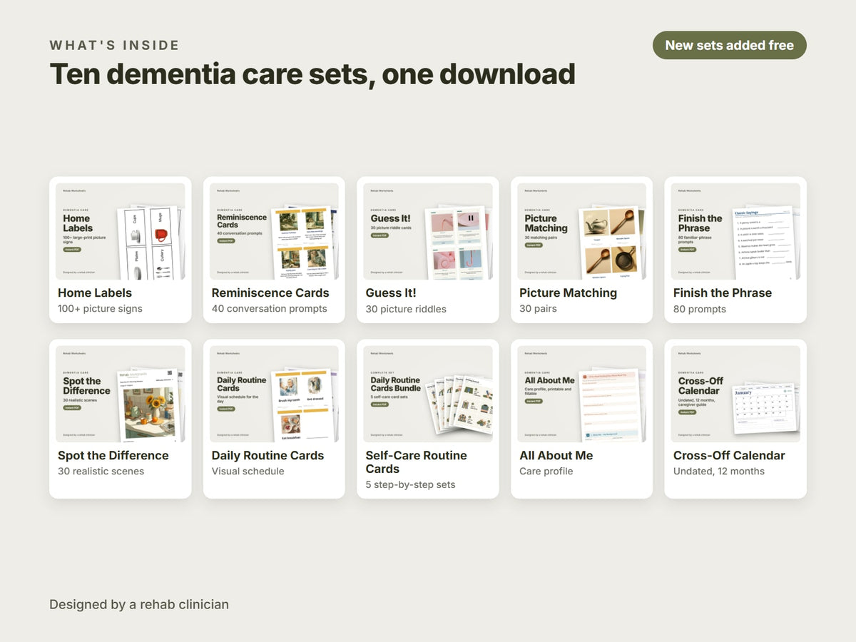 What is inside the dementia activities bundle: home labels, reminiscence cards, Guess It riddle cards, picture matching, finish the phrase, spot the difference, daily routine cards, self-care routine cards, All About Me and the cross-off calendar