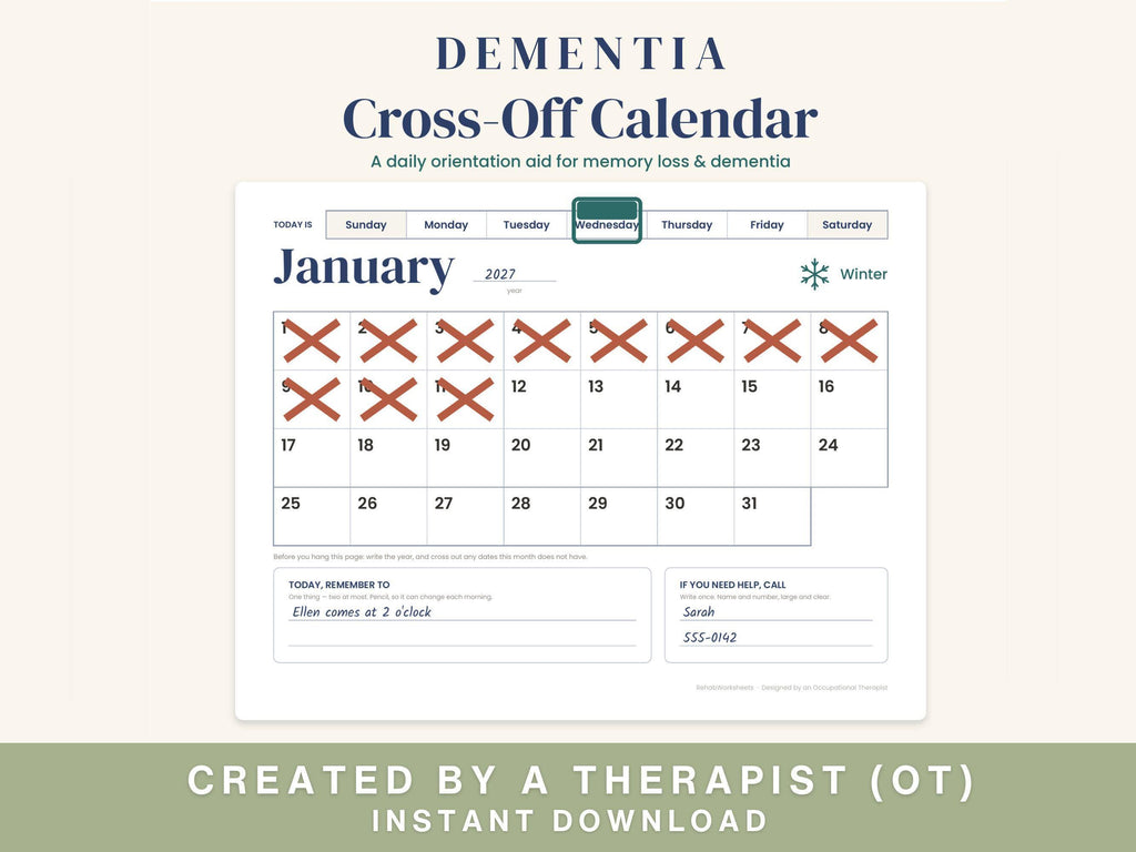 Dementia cross-off calendar printable, January page with finished days crossed off in red and reminder boxes below
