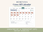 Dementia cross-off calendar printable, January page with finished days crossed off in red and reminder boxes below