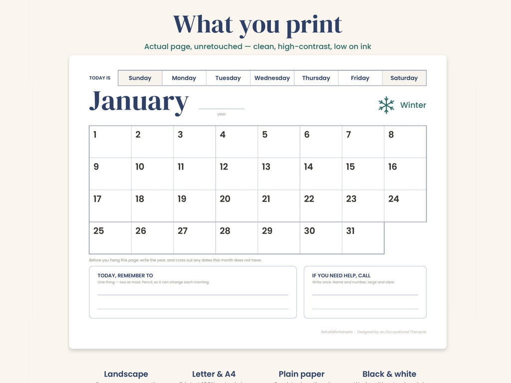 Blank January page as printed, large date numbers in high-contrast black and white, landscape layout