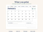 Blank January page as printed, large date numbers in high-contrast black and white, landscape layout