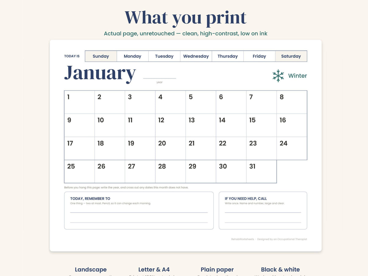 Blank January page as printed, large date numbers in high-contrast black and white, landscape layout