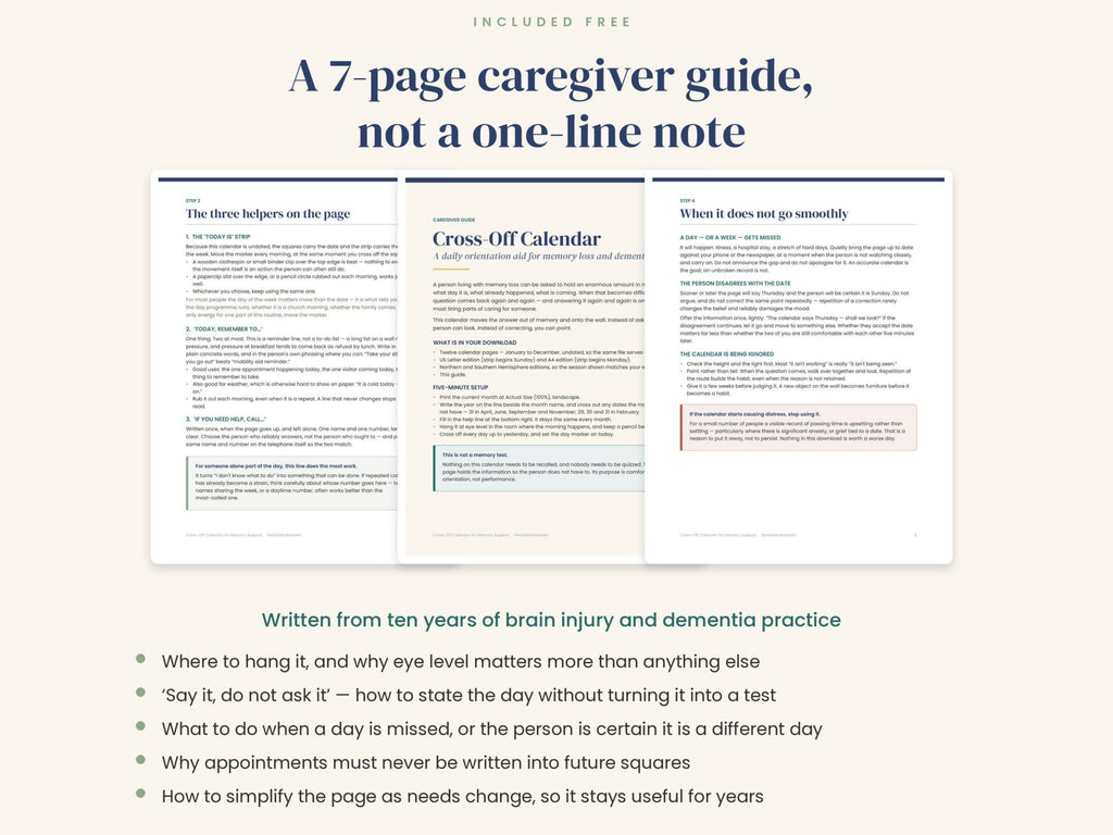 Three pages from the 7-page caregiver guide with the topics it covers
